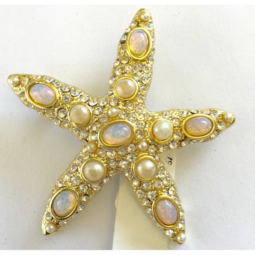 Exquisite Faux Pearls, Opals & Rhinestones Starfish Brooch Pin Signed Danecraft